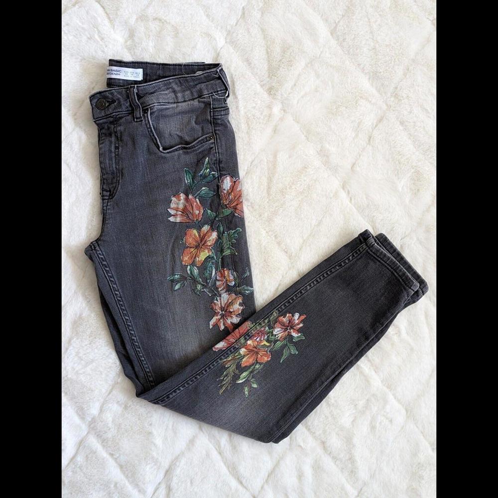 ZARA The Skinny Jeans Wildflower Floral Gray Floral Painting Mid Rise Crop 6